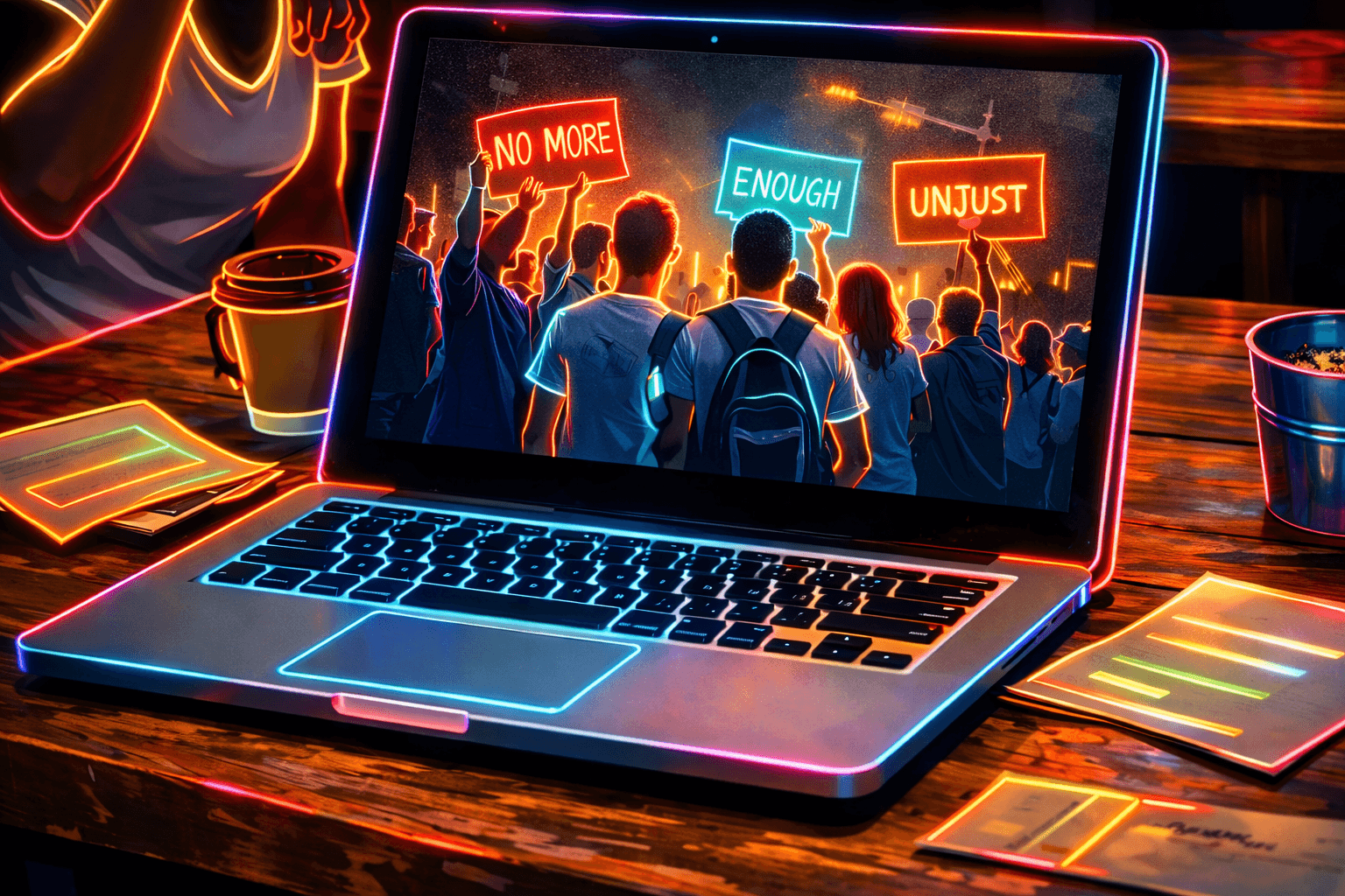 A neon-lit laptop displaying a protest scene with signs reading No More, Enough, and Unjust