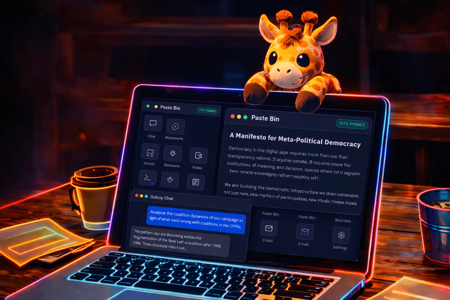 OutcryOS interface displayed on a neon-lit laptop with the Outcry giraffe mascot, showing Paste Bin and Outcry Chat applications