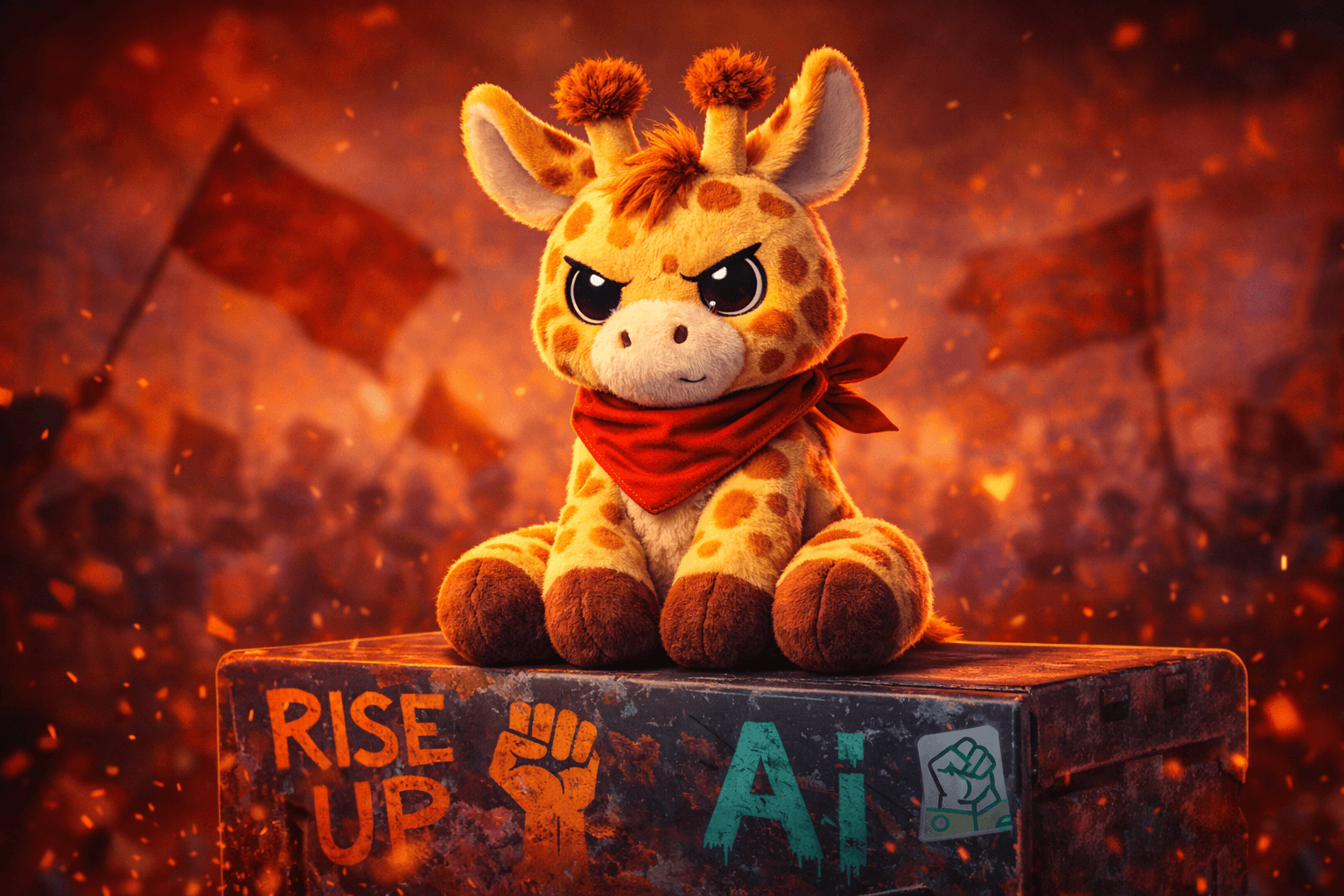 The Outcry giraffe mascot wearing a red bandana, sitting on a crate with Rise Up and AI painted on it, surrounded by red flags and protest imagery