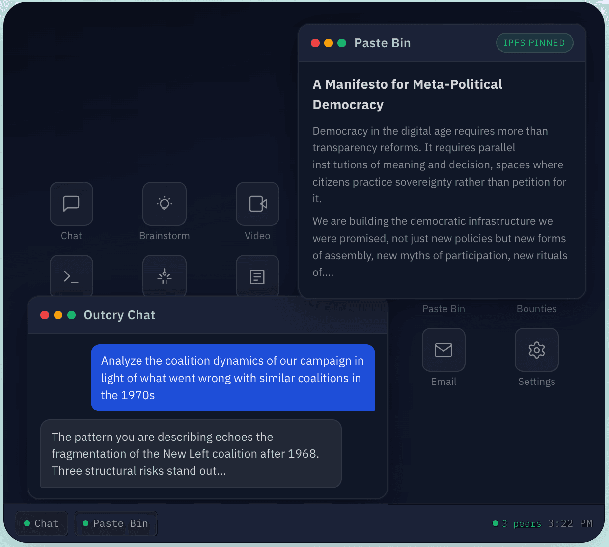 OutcryOS interface showing apps like Chat, Brainstorm, Video, Paste Bin, Bounties, Email, and Settings alongside an Outcry Chat conversation analyzing coalition dynamics
